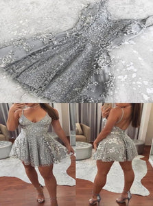 Sexy Silver Spaghetti Straps V Neck Backless Homecoming Dresses