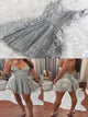 Sexy Silver Spaghetti Straps V Neck Backless Homecoming Dresses