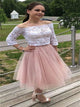 Tulle A Line Pink Long Sleeves Homecoming Dresses with Lace