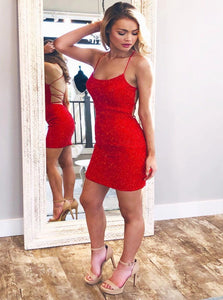 Red Sequins Mini Homecoming Dresses 