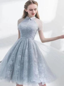 A Line Short Sleeves Tulle Halter Homecoming Dress with Lace LBQH0091