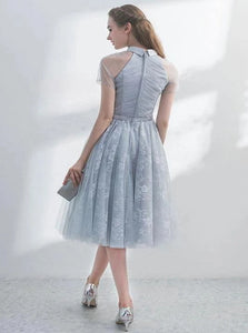 A Line Short Sleeves Tulle Halter Homecoming Dress with Lace LBQH0091
