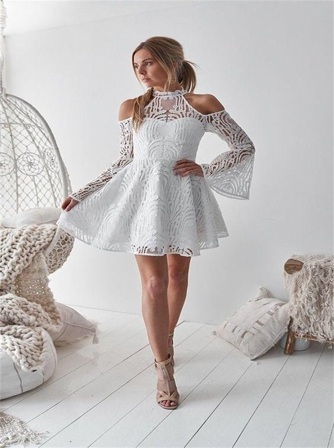 A Line High Neck Bell Sleeves Homecoming Dresses | Alinepromdress A Line High Neck Bell Sleeves Homecoming Dresses | Alinepromdress