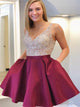 V Neck Above Knee Champagne and Burgundy Satin Homecoming Dresses