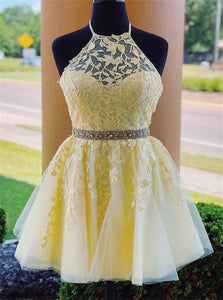 Halter Appliques Beadings A Line Tulle Short Homecoming Dresses