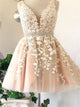 A Line Pink Tulle V Neck Short Homecoming Dresses with Appliques