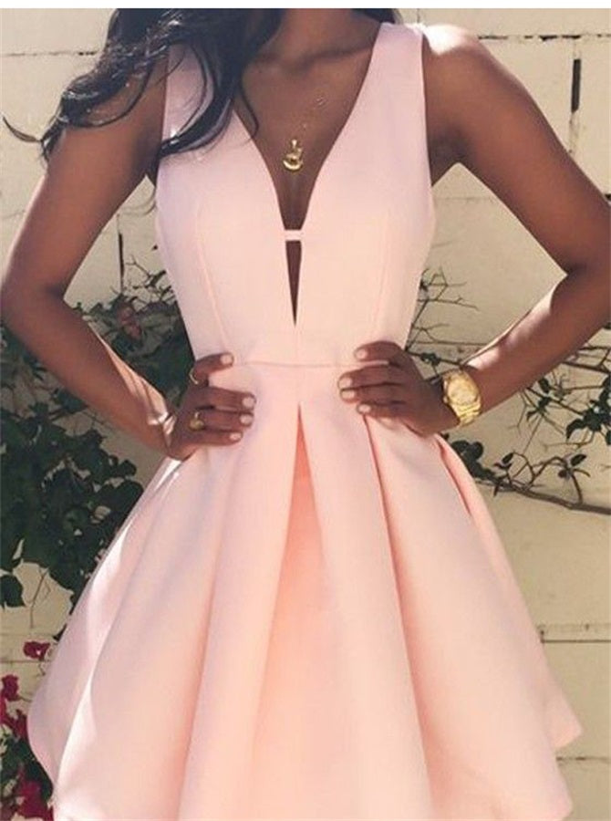 A Line Short Peach Pink Stain V Neck Homecoming Dresses | Alinepromdress A Line Short Peach Pink Stain V Neck Homecoming Dresses | Alinepromdress