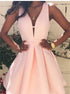 A Line Short Peach Pink Stain V Neck Homecoming Dress LBQH0047