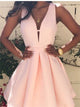 A Line Short Peach Pink Stain V Neck Homecoming Dresses