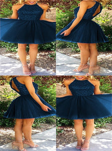 A Line Navy Blue Short Tulle Homecoming Dresses
