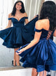 A Line Navy Blue Off Shoulder Lace Up Pleats Homecoming Dresses