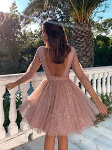 A Line Long Sleeves Open Back Tulle Tea Length Prom Dresses