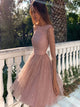 A Line Long Sleeves Open Back Tulle Sequins Prom Dresses