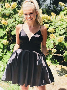 A Line Satin Spaghetti Straps Black Homecoming Dresses with Pockets