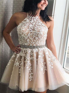 Halter Lace Appliques Tulle Short Homecoming Dresses