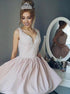 A Line V Neck Beading Pink Short Prom Dresses With Pleats LBQ1324
