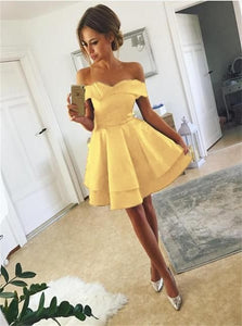 A Line Off the Shoulder Short Yellow Satin Homecoming Dresses