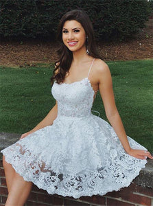 A Line Lace Short Spaghetti Straps Homecoming Dresses 