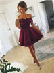 A Line Above Knee Off the Shoulder Satin Homecoming Dresses with Pleats