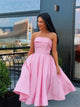 Strapless Satin Ball Gown Short Pink Prom Dresses with Pleats
