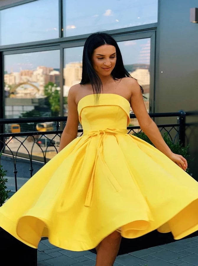 Strapless Yellow Satin Short Homecoming Dresses | Alinepromdress Strapless Yellow Satin Short Homecoming Dresses | Alinepromdress
