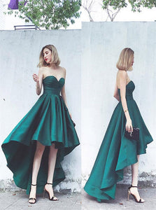 Strapless High Low Green Satin Prom Dresses