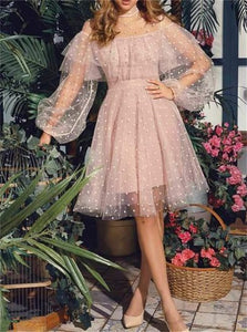 A Line Scoop Long Sleeves Beadings Pink Tulle Homecoming Dresses