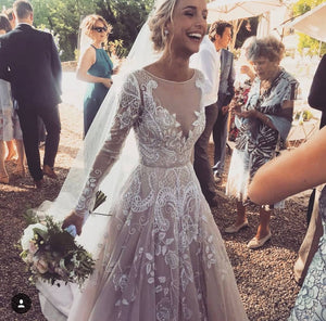 A Line Long Sleeve Beading Scoop Ivory Wedding Dress LBQW0127