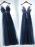 A Line Dark Blue Tulle Appliques Prom Dress LBQ0517