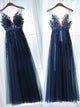 A Line Dark Blue Tulle V Back Appliques Prom Dresses