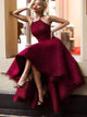 Burgundy Lace Halter High Low  Zipper Up Prom Dresses
