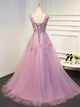 A line Pink Lace Appliques Scoop Tulle Lace Up Prom Dresses