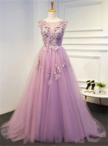 A line Pink Lace Appliques Scoop Tulle Prom Dresses