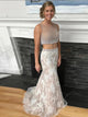 Mermaid Two Piece Lace Scoop Floor Length Prom Dresses with Beadings