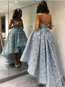 Lace Sweetheart Appliques Asymmetrical Blue Prom Dresses