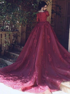 Burgundy A Line Scoop Sweep Train Zipper Up Lace Prom Dresses 