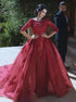 Burgundy A Line Scoop Sweep Train 3/4 Sleeves Lace Prom Dress LBQ0457
