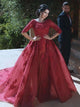 Burgundy A Line Scoop Sweep Train 3/4 Sleeves Lace Prom Dresses