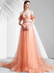 A line Off The Shoulder Sweep Train Prom Dresses