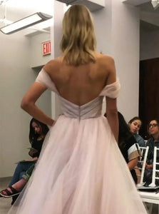 A Line Off The Shoulder Tulle Pleats Belt Prom Dresses