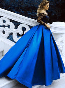 Ball Gown Lace Sweetheart Appliques Satin Long Sleeves Prom Dresses