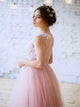 A Line Scoop Pink Tulle Lace Zipper Up Prom Dresses with Appliques