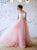 A Line Scoop Pink Tulle Lace Sweep Train Prom Dresses with Appliques