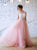A Line Scoop Pink Tulle Lace Sweep Train Prom Dresses with Appliques