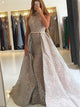 Detachable Train Champagne Lace Sleeveless Prom Dresses