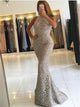 Mermaid High Neck Detachable Train Lace Prom Dresses