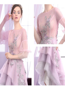 Lavender A Line Asymmetrical Lace Appliques 3/4 Prom Dresses