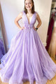 Lilac Tulle Long Prom Dresses, Long V-neck Formal Evening Dress GJS270