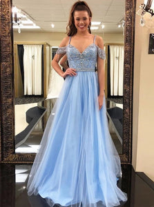 Chic Blue Short Sleeves Straps Tulle Prom Dress with Rhinestones