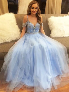Chic Blue Short Sleeves Straps Tulle Prom Dresses with Beadings
